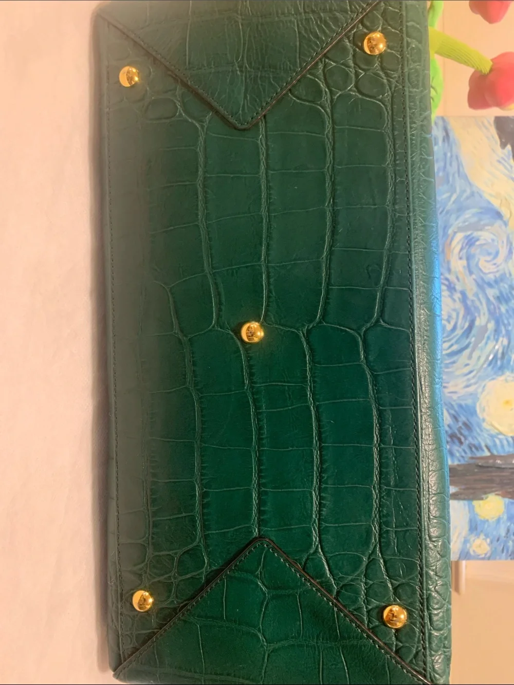 MCM Green Croc-Embossed Satchel with Gold Plaque with  Authenticity Card